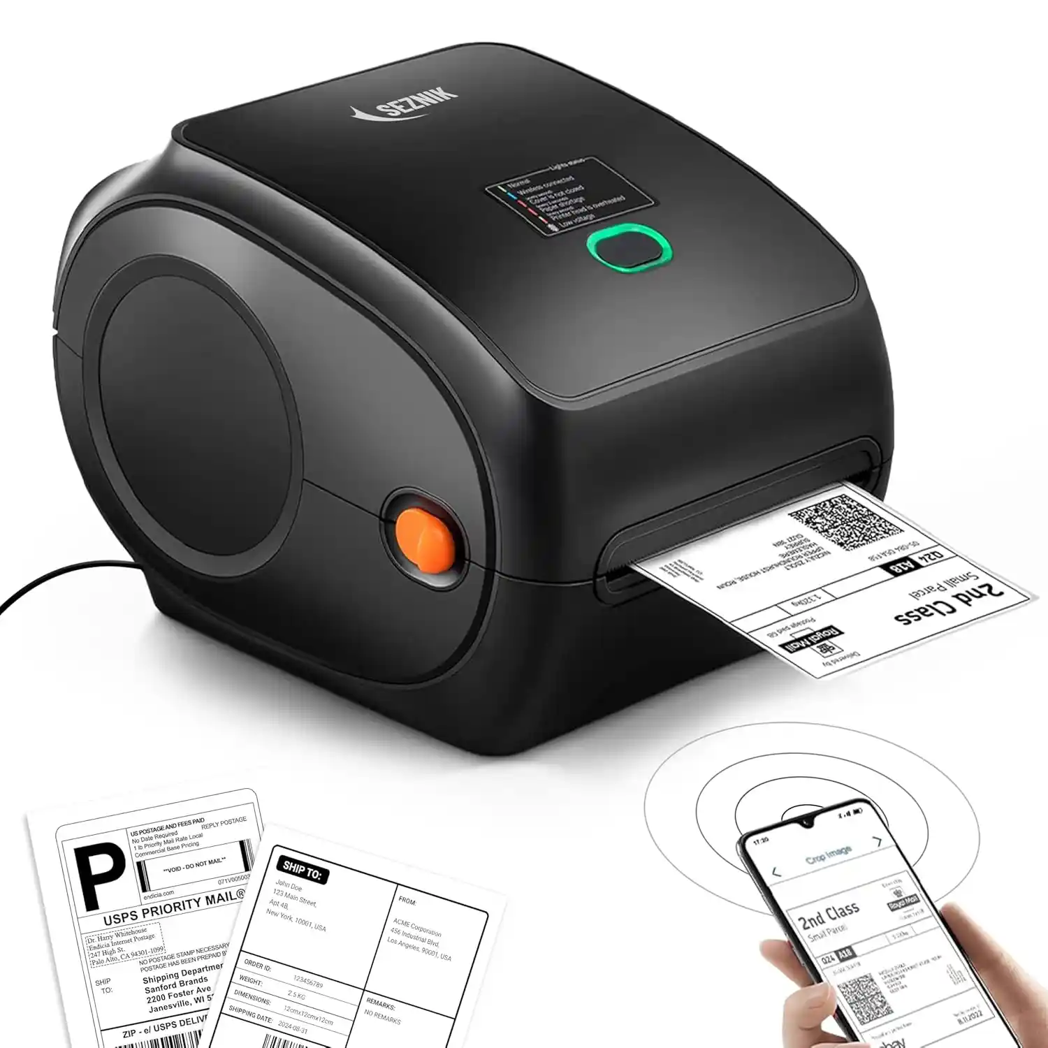 SEZNIK Shakti Bluetooth shipping label printer with 4×6 thermal label printing, inkless technology, mobile and laptop connectivity