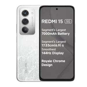 Redmi 15 5G smartphone in Frosted White with 7000mAh battery, 6.9-inch 144Hz display and Royale Chrome design