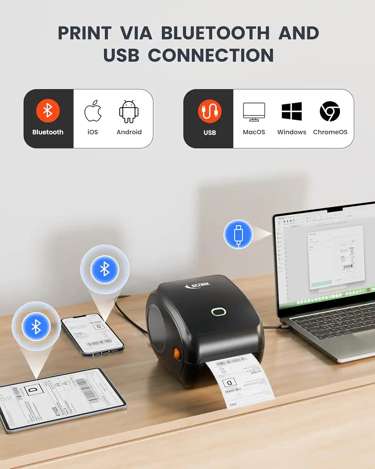 SEZNIK Shakti Bluetooth Shipping Label Printer (4×6 Label & Different Size Label | Bluetooth, USB Connect| Inkless Thermal | Print from Mobile, Laptop) - Image 4
