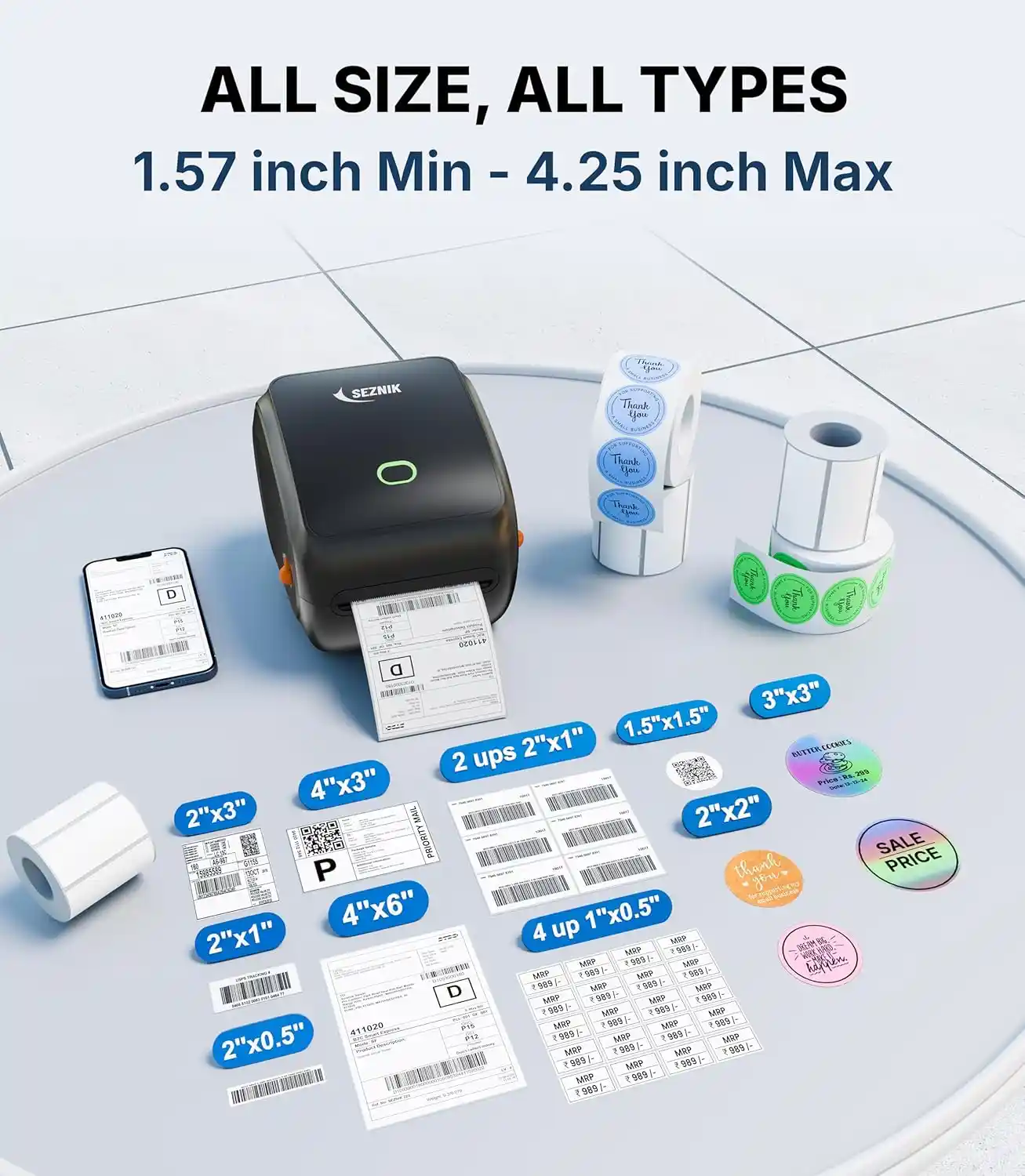 SEZNIK Shakti Bluetooth Shipping Label Printer (4×6 Label & Different Size Label | Bluetooth, USB Connect| Inkless Thermal | Print from Mobile, Laptop) - Image 7