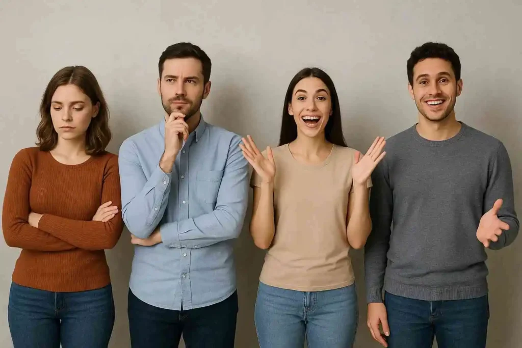 Group of diverse people representing different personality types such as introvert, extrovert, and ambivert