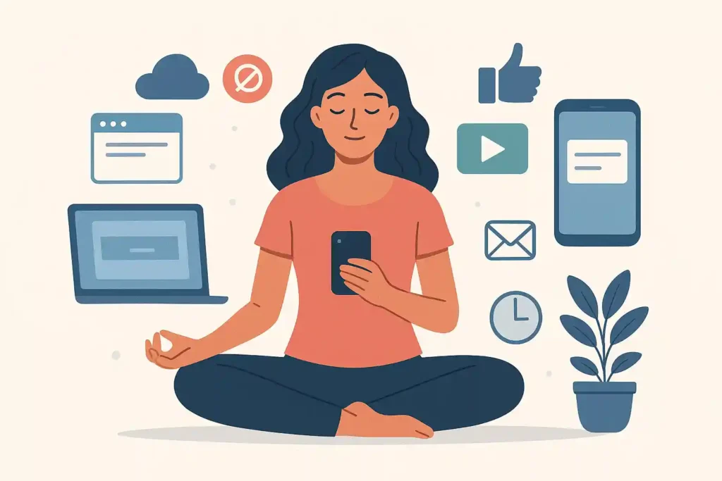 a person mediating cross-legged while holding a smartphone surrounded by digital icon by social media symbolizing mindfulness and balance in tech saturated world