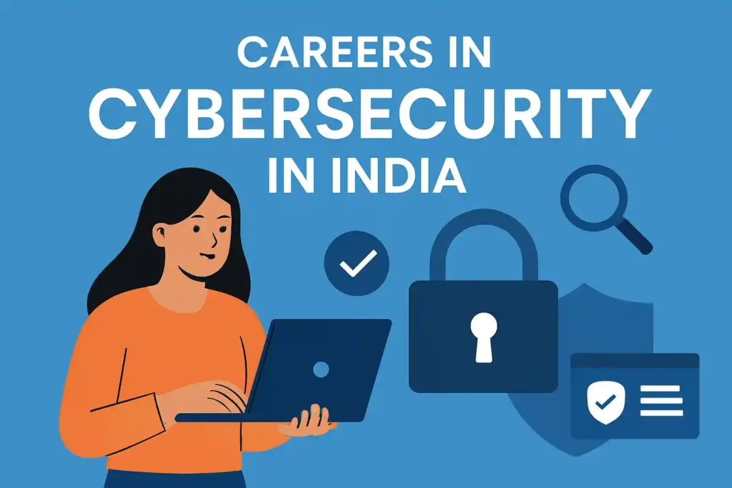 Illustration of a woman using a laptop with cybersecurity icons like a lock, shield, and checkmark, representing cybersecurity careers in India.
