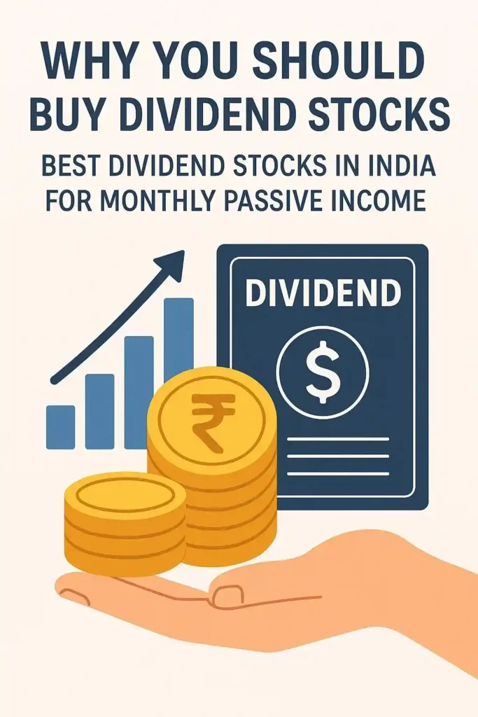 Illustration of Indian city skyline with coins transforming into stock-labeled buildings, symbolizing dividend growth.