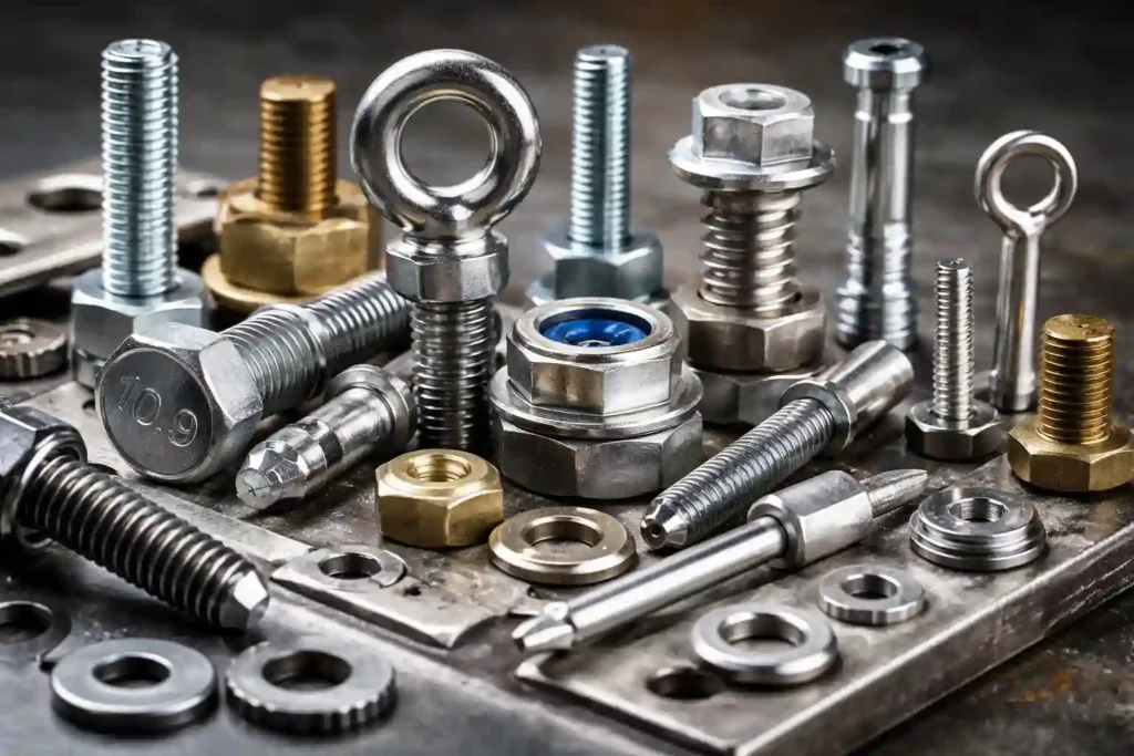 Assorted mechanical fasteners including hex bolts, eye bolt, nuts, washers, stud bolts, and rivets used in industrial and structural applications.