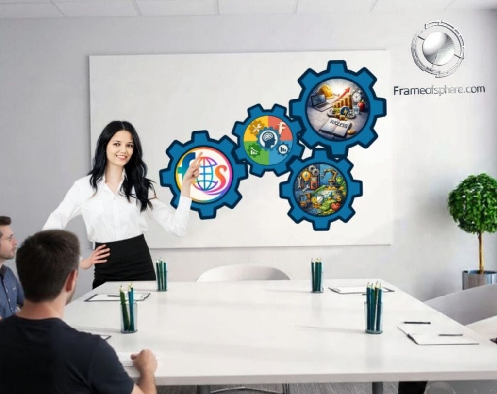 team discussion illustrating frameofsphere's learning methodology using conceptual gears