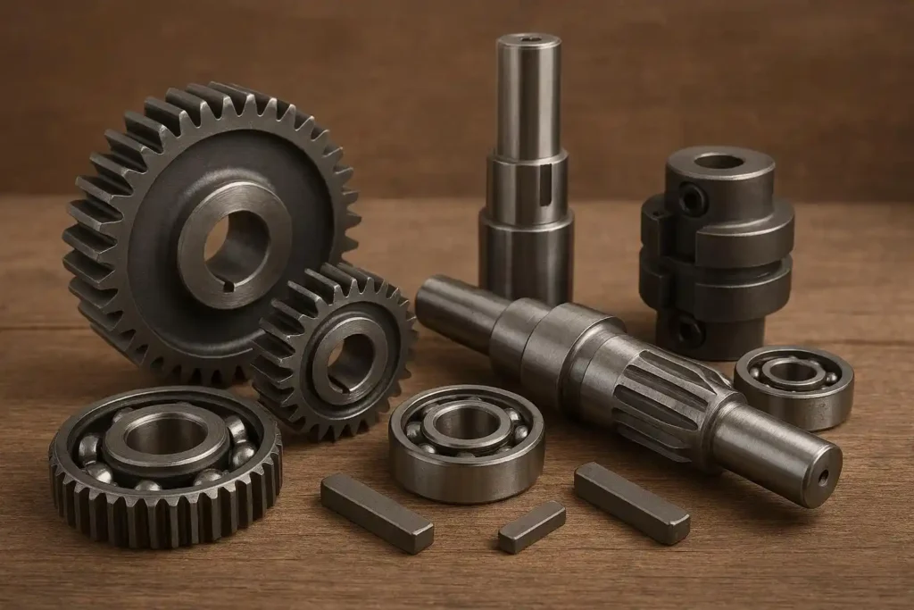 Mechanical components including bearings, couplings, gears, shafts and keys arranged on a wooden surface, showing essential machine parts