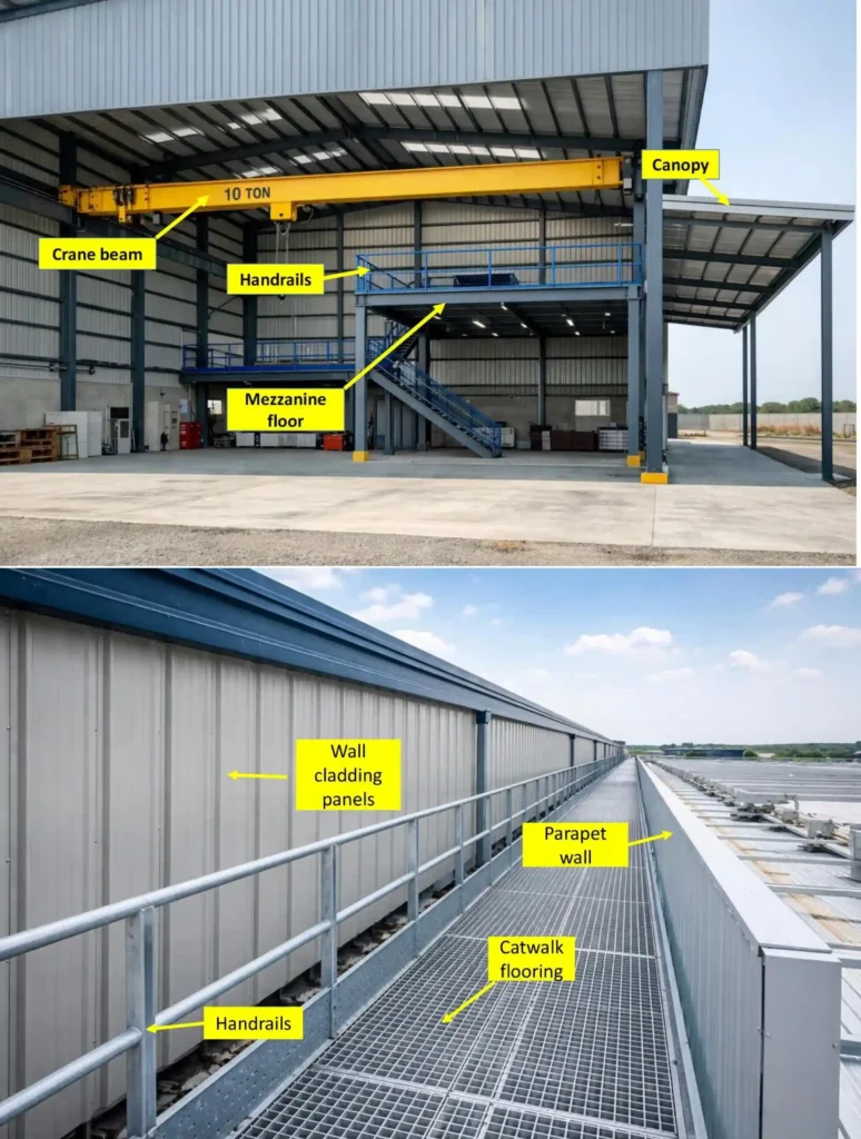 Pre-engineered building components including ridge vent, turbo ventilator, roof insulation, cable tray, structural bracing types, crane beam with mezzanine floor, canopy, wall cladding panels, catwalk flooring, parapet wall, and handrails.