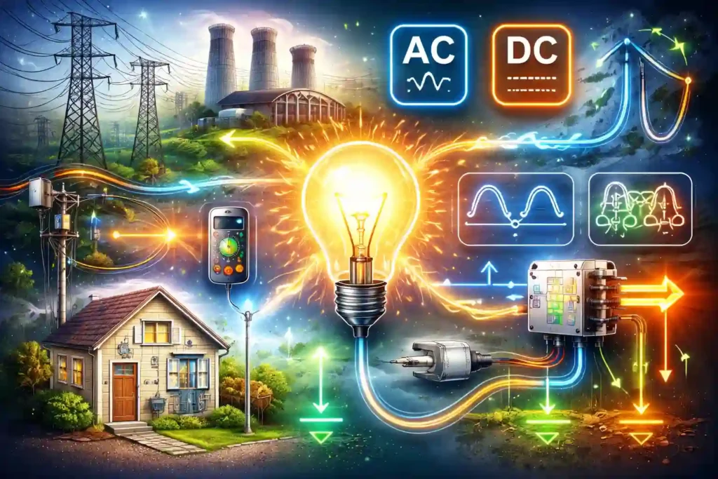 Illustration showing how electricity is generated, converted between AC and DC, transmitted through power lines, distributed to homes, and safely used with earthing.