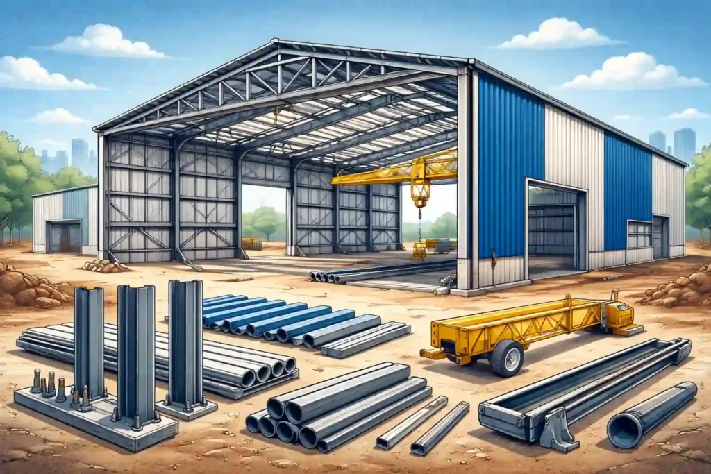 illustration of a Pre-Engineered Building (PEB) under construction at a site, showing steel structure and roof components.