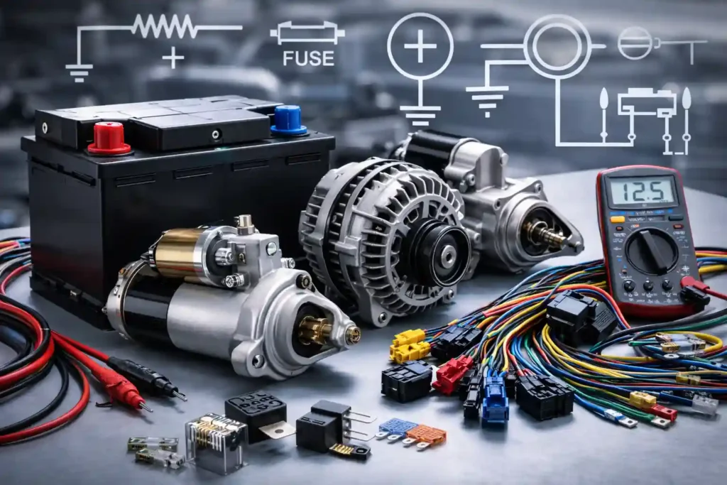 Automobile electrical system components showing battery, alternator, starter motor, wiring harness, fuses, relays and electrical symbols for learning auto electrical basics