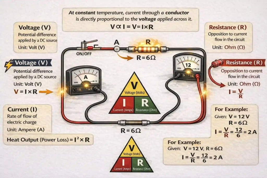 Ohm’s law diagram showing voltage, current, resistance, formula V = I × R, and example circuit