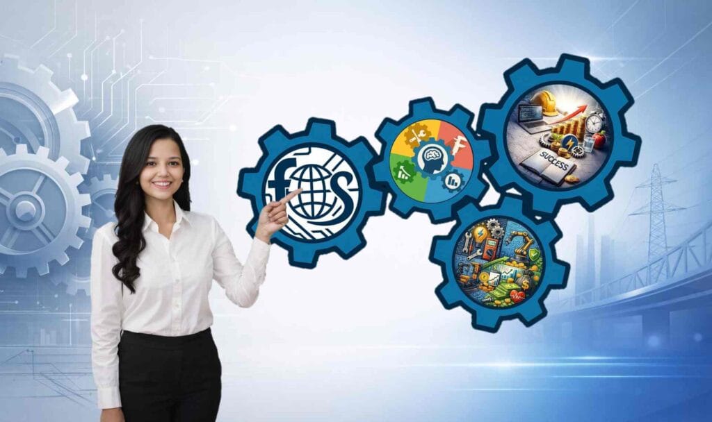 Interconnected gears with global engineering theme