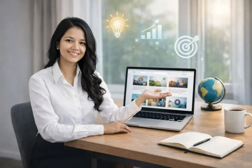 Woman presenting website purpose on laptop representing FrameOfSphere about us page