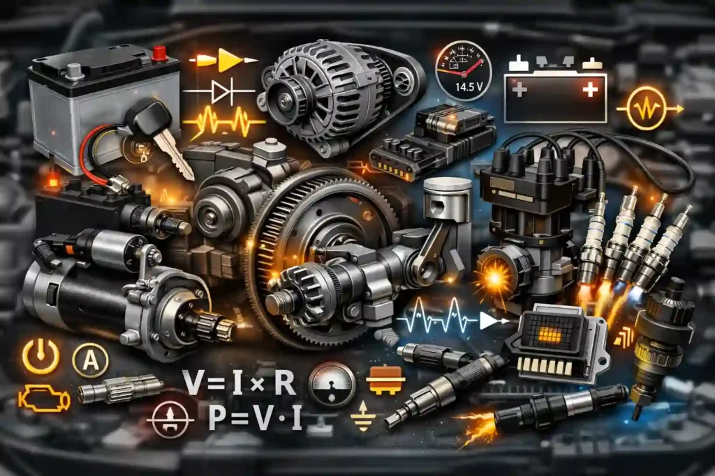How starting, charging & ignition works in automobile, system diagram showing battery, starter motor, alternator, ignition coil, ECU, spark plugs and electrical symbols