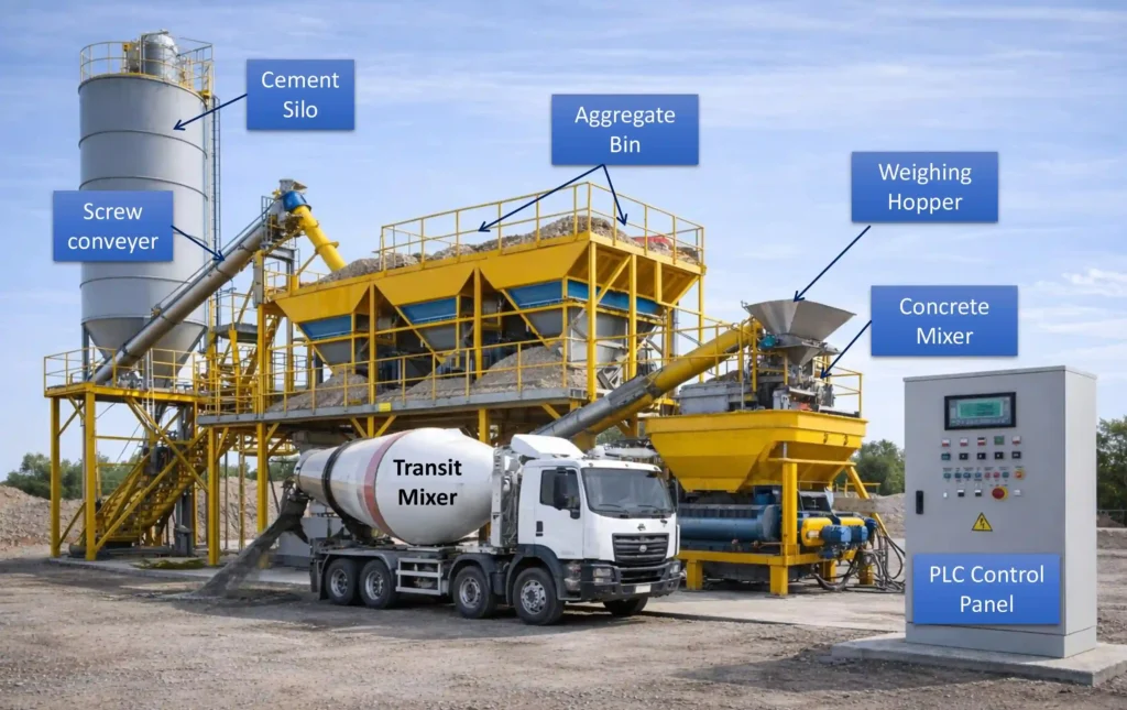 Concrete batching plant with transit mixer loading ready mix concrete