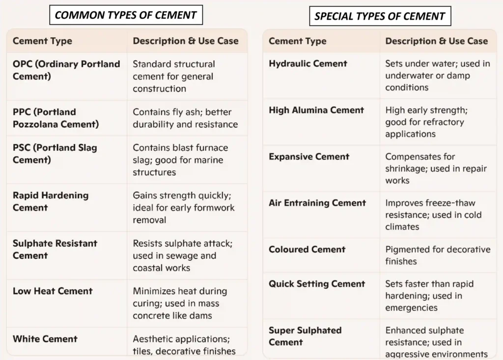 Types of cement chart with uses 