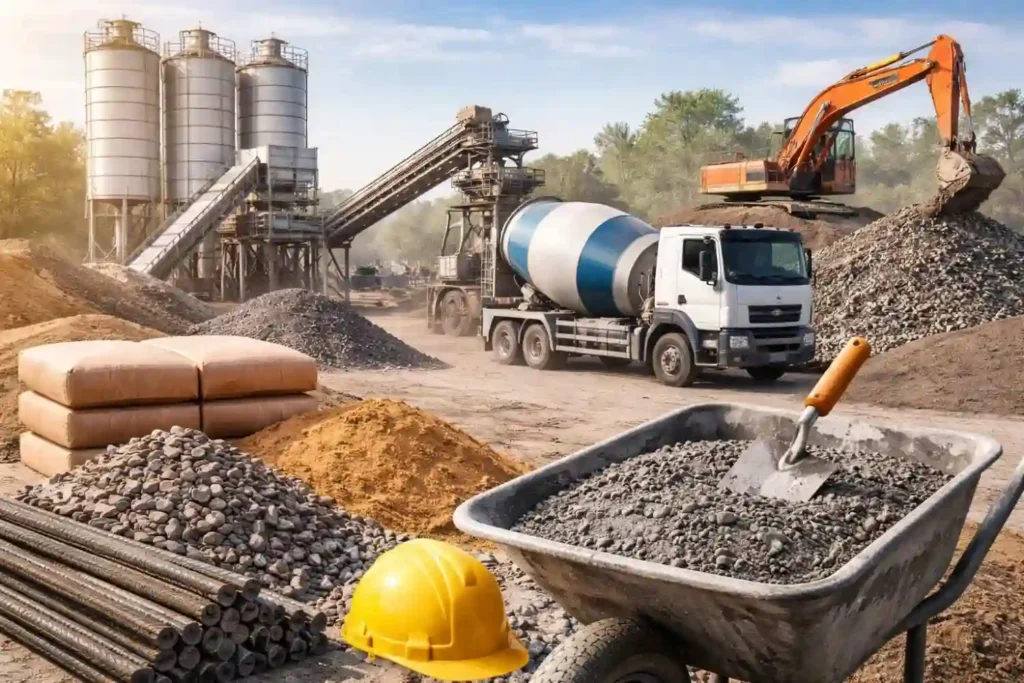 Concrete batching plant with materials and machinery