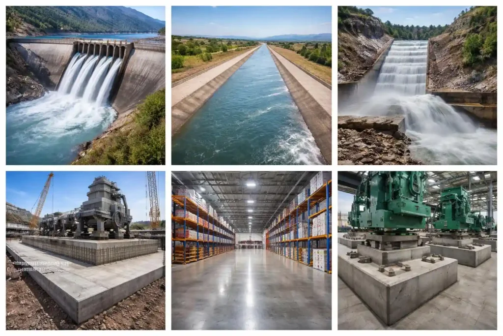 Concrete applications in dam, canal, spillway, industrial foundation and concrete floor construction